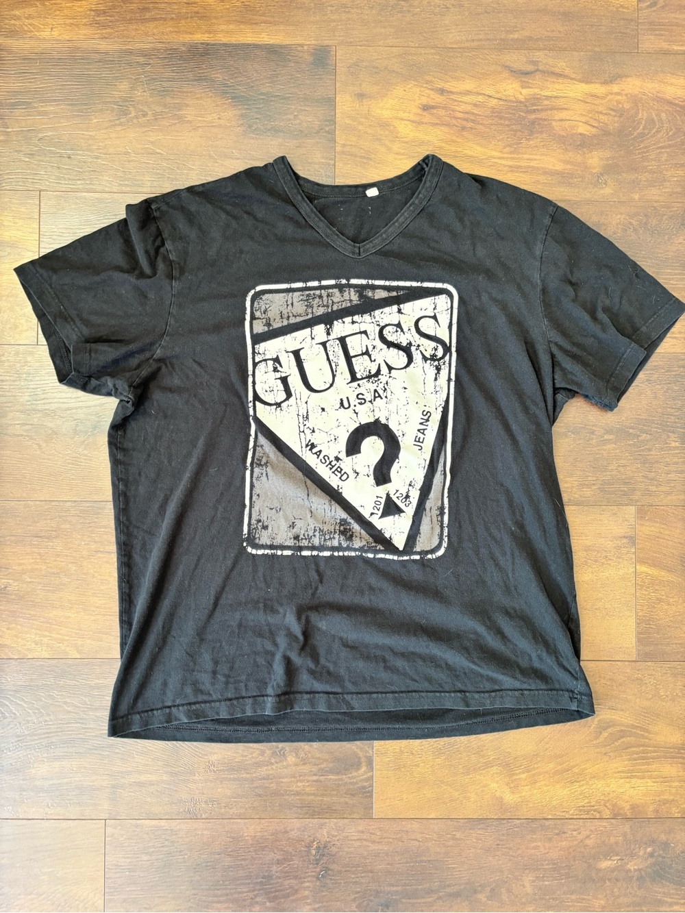 Guess Men’s Black V-Neck Logo Graphic Tee with Distressed White Print